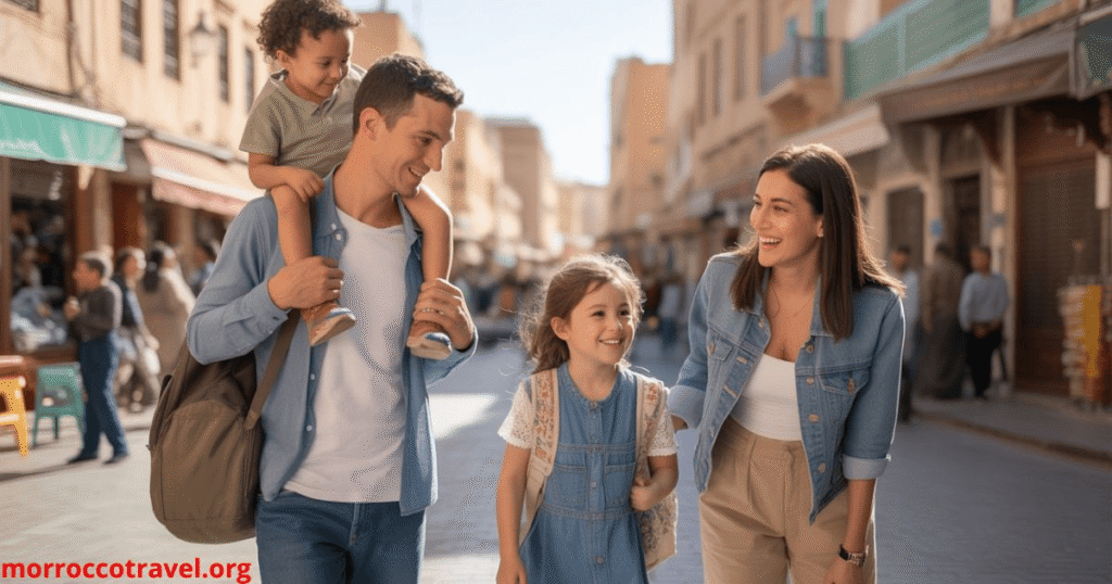 A Moroccan family enjoying transportation during their travels, capturing a vibrant scene. In the foreground, a mother and father, dressed in comfortable yet modest casual clothing, assist their two children as they board a colorful local bus, showcasing traditional Moroccan patterns. In the middle ground, the bus is adorned with intricate mosaic designs, while other families similarly dressed can be spotted waiting nearby, creating a lively atmosphere. The background reveals a bustling Moroccan street with markets and historic buildings, reflecting the rich culture. Soft, warm sunlight bathes the scene, emphasizing the cheerful mood of family adventure. The image should be captured from a slight angle to convey depth and perspective.