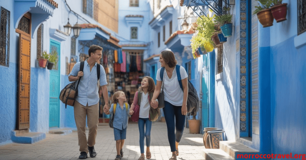 A vibrant family exploring the Sahara Desert, showcasing two adults and two children dressed in modest, colorful clothing, engaging in a camel ride over golden sand dunes during sunset. In the foreground, the family members are smiling, with the eldest child reaching out to touch the camel’s saddle. In the middle ground, a graceful line of camels, with one adorned in traditional Moroccan blankets, follows the family. The background features majestic sand dunes that rise against a warm, orange-pink sky, creating a serene atmosphere. The lighting is soft and golden, capturing the enchanting moment of dusk in the desert landscape. The image conveys the spirit of adventure, connection, and joy in family experiences while traveling in Morocco.