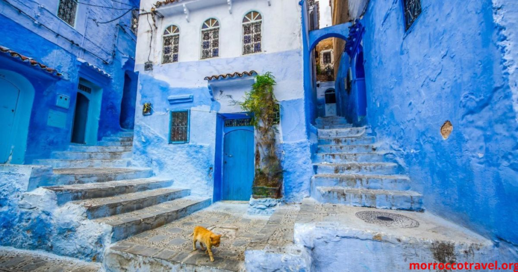 A vibrant outdoor scene depicting a budget-friendly travel experience in Morocco. In the foreground, a diverse group of travelers in modest casual clothing interact enthusiastically at a bustling local market, surrounded by colorful spices, handmade crafts, and traditional Moroccan textiles. The middle ground features a picturesque view of the iconic blue and white buildings of Chefchaouen, framed by lush greenery and distant mountains. In the background, the warm hues of a sunset bathe the landscape in golden light, casting soft shadows and creating an inviting atmosphere that conveys a sense of adventure and exploration. The image is captured with a wide-angle lens, emphasizing the lively market and the stunning scenery, evoking excitement for a budget-friendly discovery of Morocco.